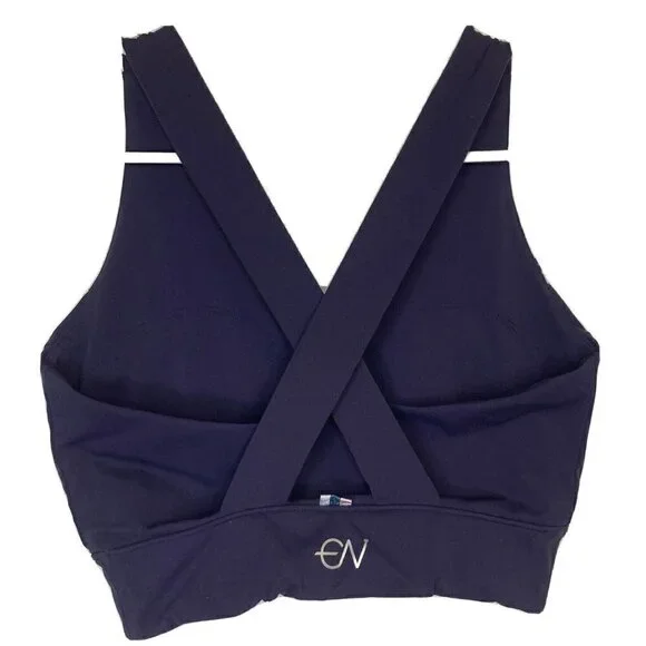 Enavant Sport Calypso Sports Bra Med Blue White Stripe Wide Criss Cross Straps - Picture 3 of 7
